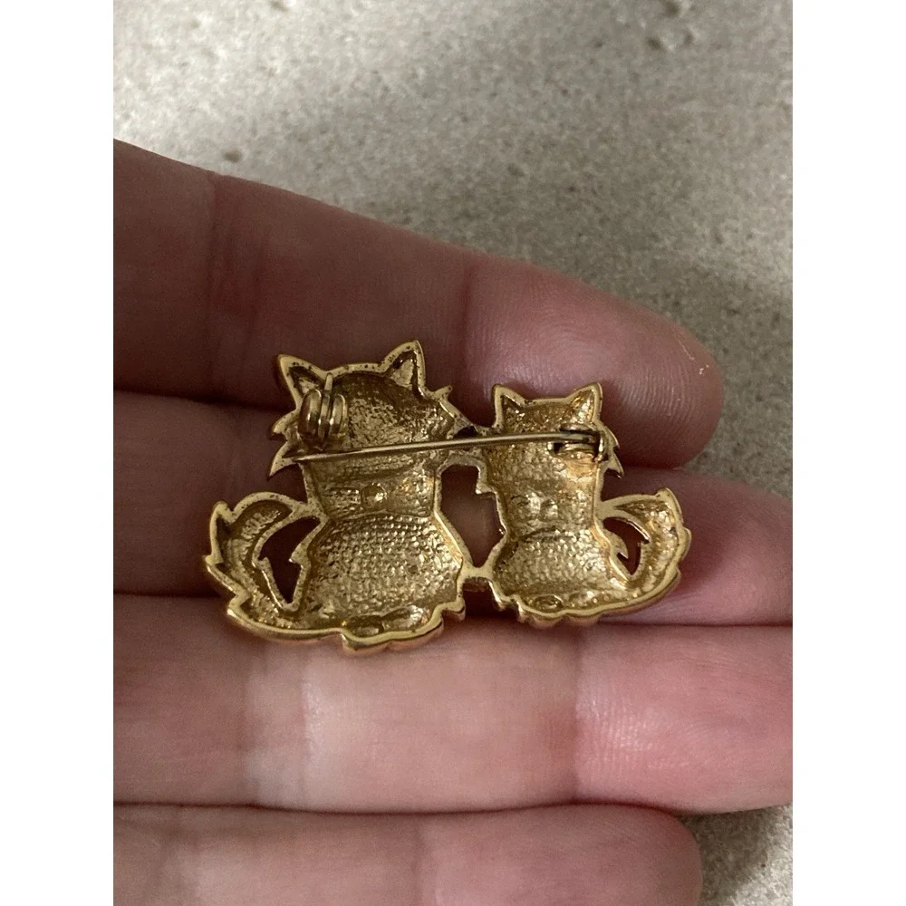 Gold Tone Cat Brooch Pin Rhinestone‎ Bow Mother Kitten Whimsical Novelty